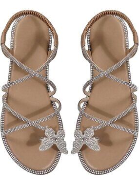 Women's Apricot Summer Glitter Open Toe Sparkly Rhinestone Slides Flat Sandals